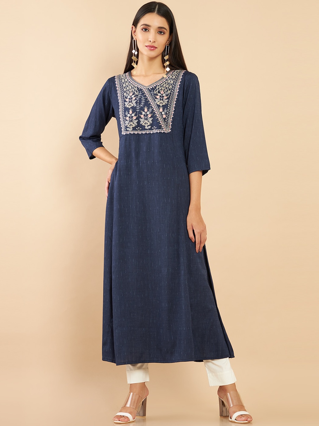 

Soch Women Blue Ethnic Motifs Embroidered Rayon Kurta