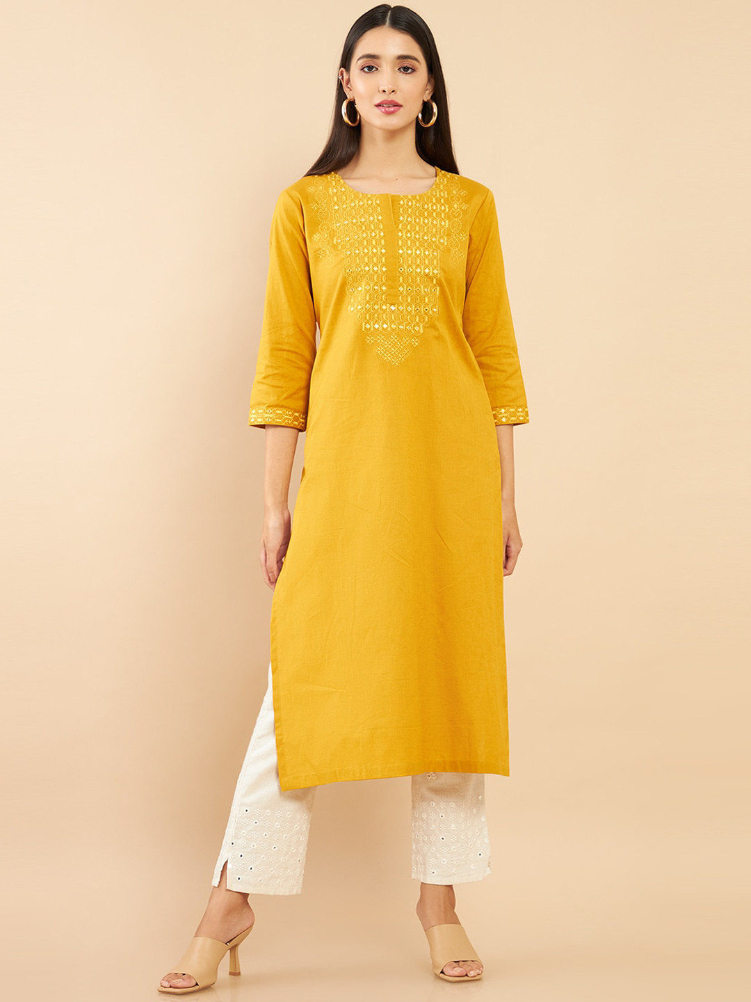 

Soch Women Mustard Yellow Embroidered Cotton Kurta