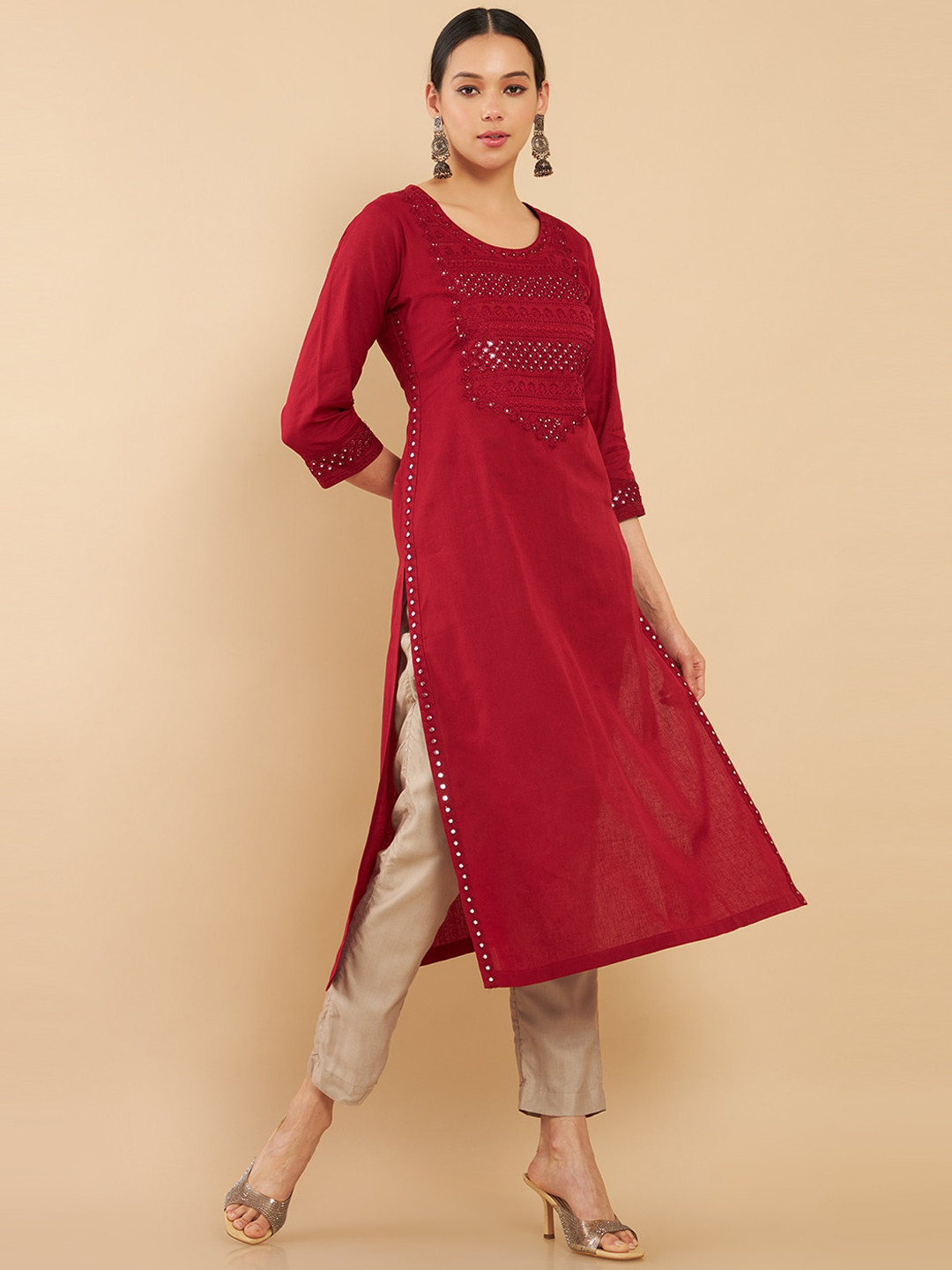 

Soch Women Maroon Embroidered Mirror Work Cotton Kurta
