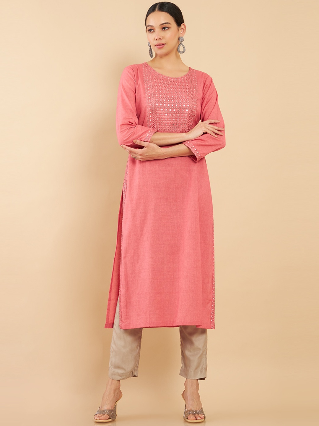 

Soch Women Pink Yoke Design Embroidered Straight Fit Kurta