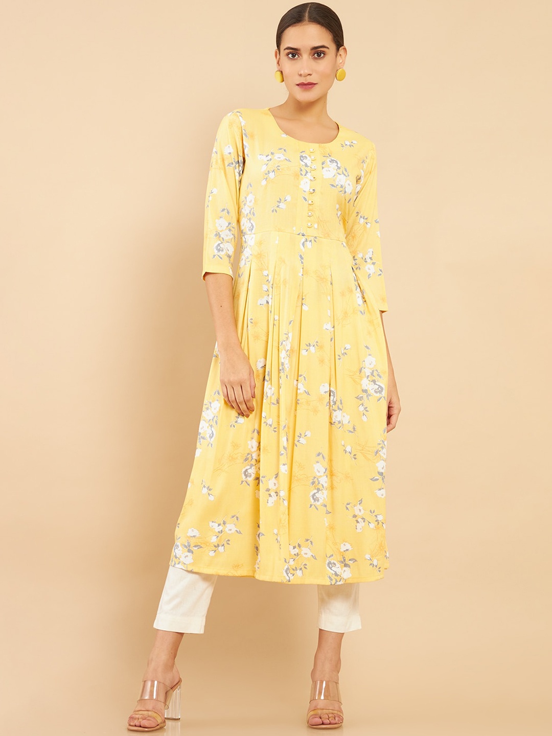 

Soch Women Yellow Floral Screen Printing Anarkali Rayon Kurta