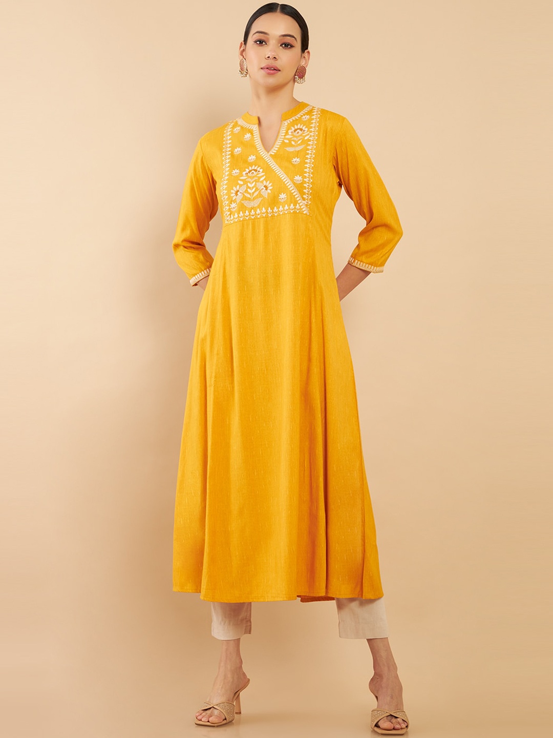 

Soch Women Mustard Yellow Ethnic Motifs Yoke Design Embroidered Flared Fit Kurta