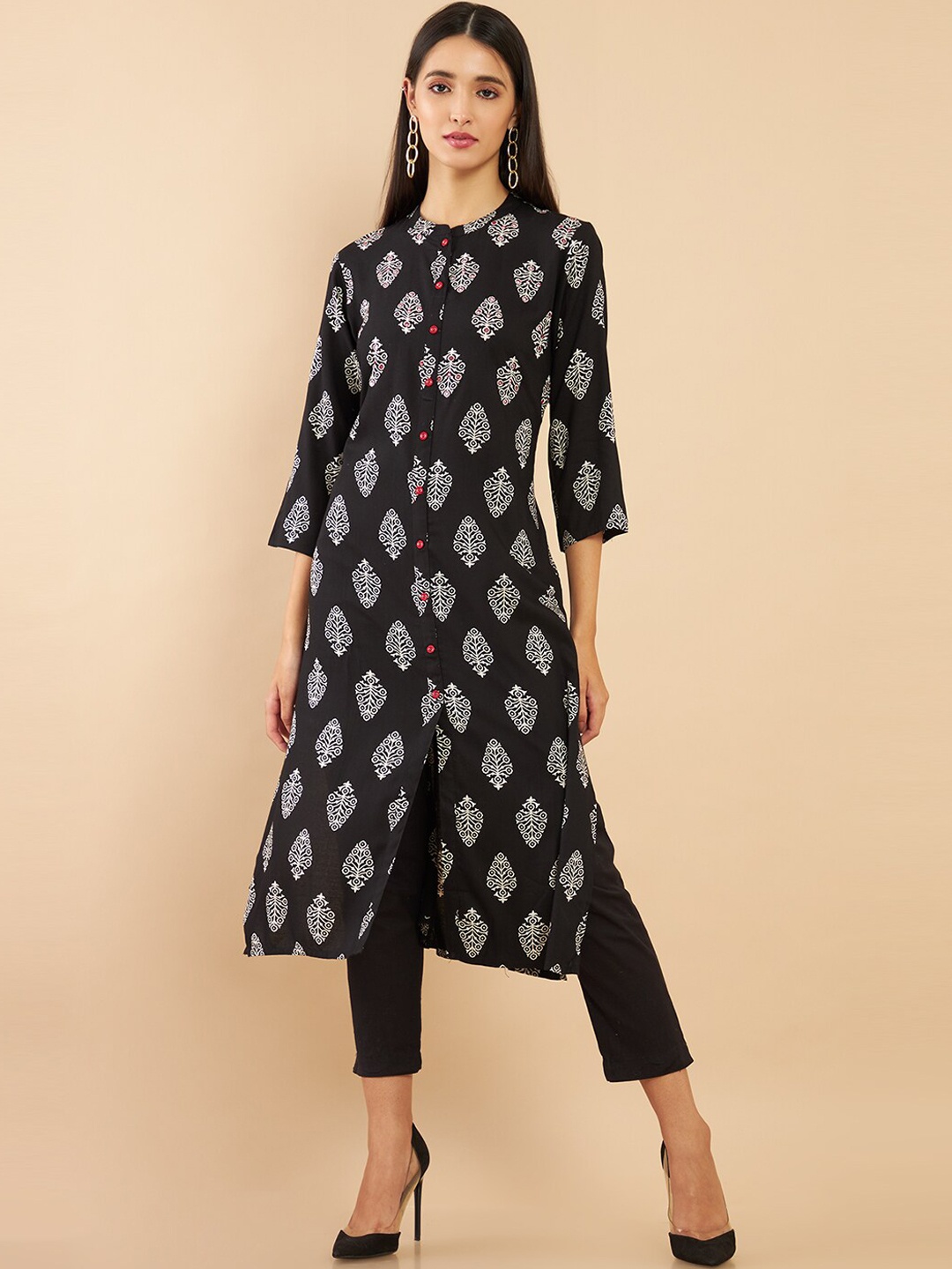 

Soch Women Black Ethnic Motifs Printed Rayon Kurta