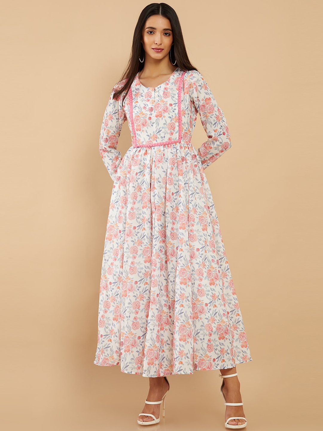 

Soch Women Off White & Pink Floral Digital Printed Muslin Anarkali Kurta