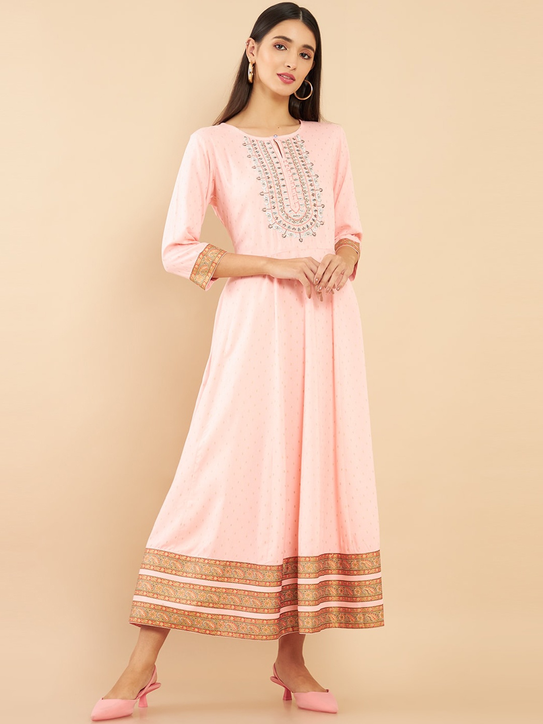 

Soch Women Pink Ethnic Motifs Screen Printing Thread Work Anarkali Kurta