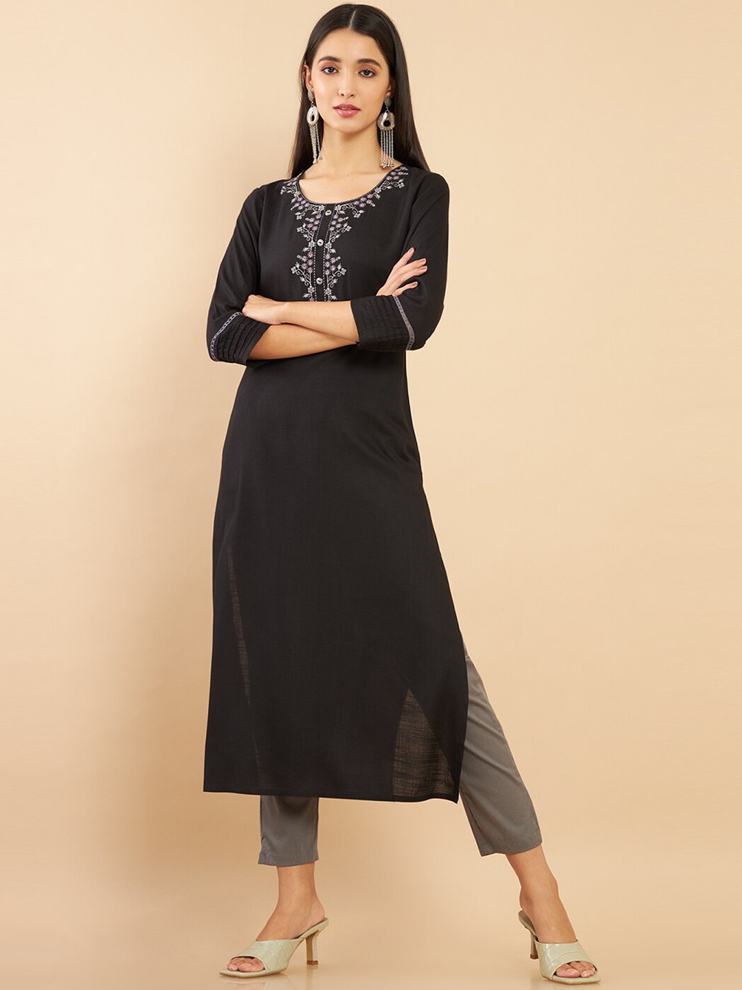 

Soch Women Black Ethnic Motifs Embroidered Thread Work Straight Fit Kurta