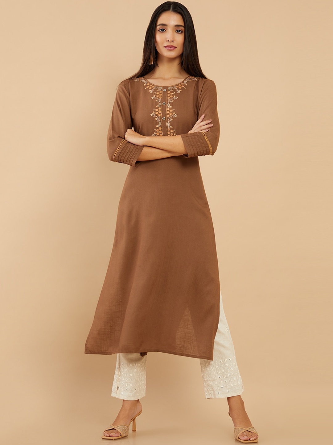 

Soch Women Brown Ethnic Motifs Yoke Design Thread Work Rayon Kurta