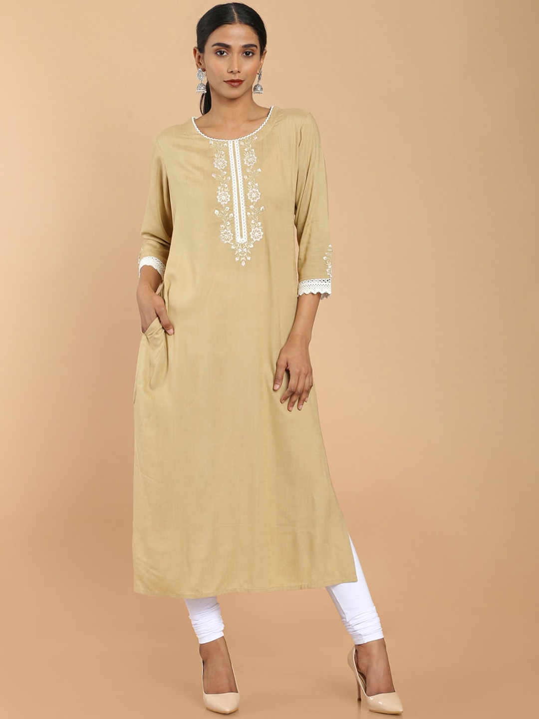 

Soch Women Beige Ethnic Motifs Embroidered Yoke Design Rayon Kurta