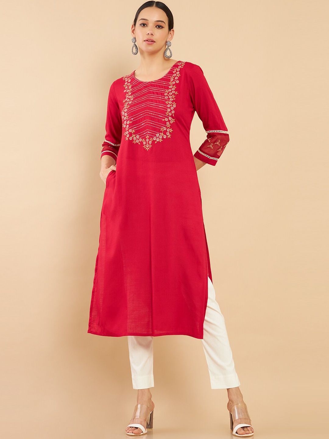 

Soch Women Red Ethnic Motifs Embroidered Yoke Design Rayon Kurta