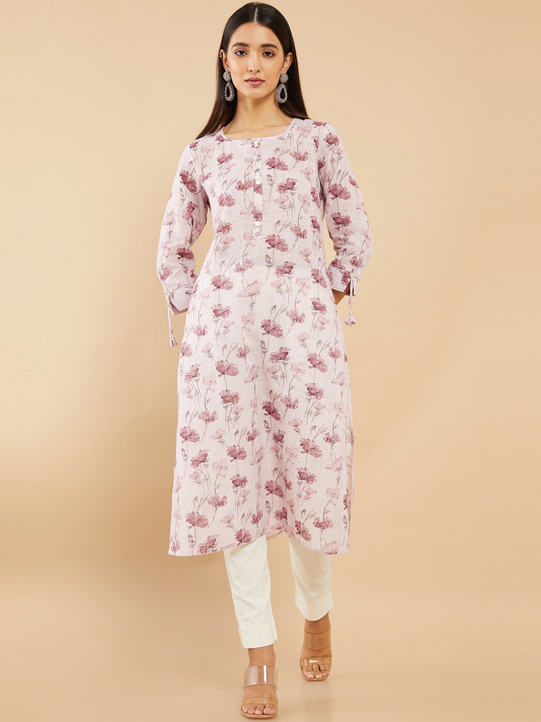 

Soch Women Off White & Mauve Floral Digital Printed Straight Fit Linen Kurta