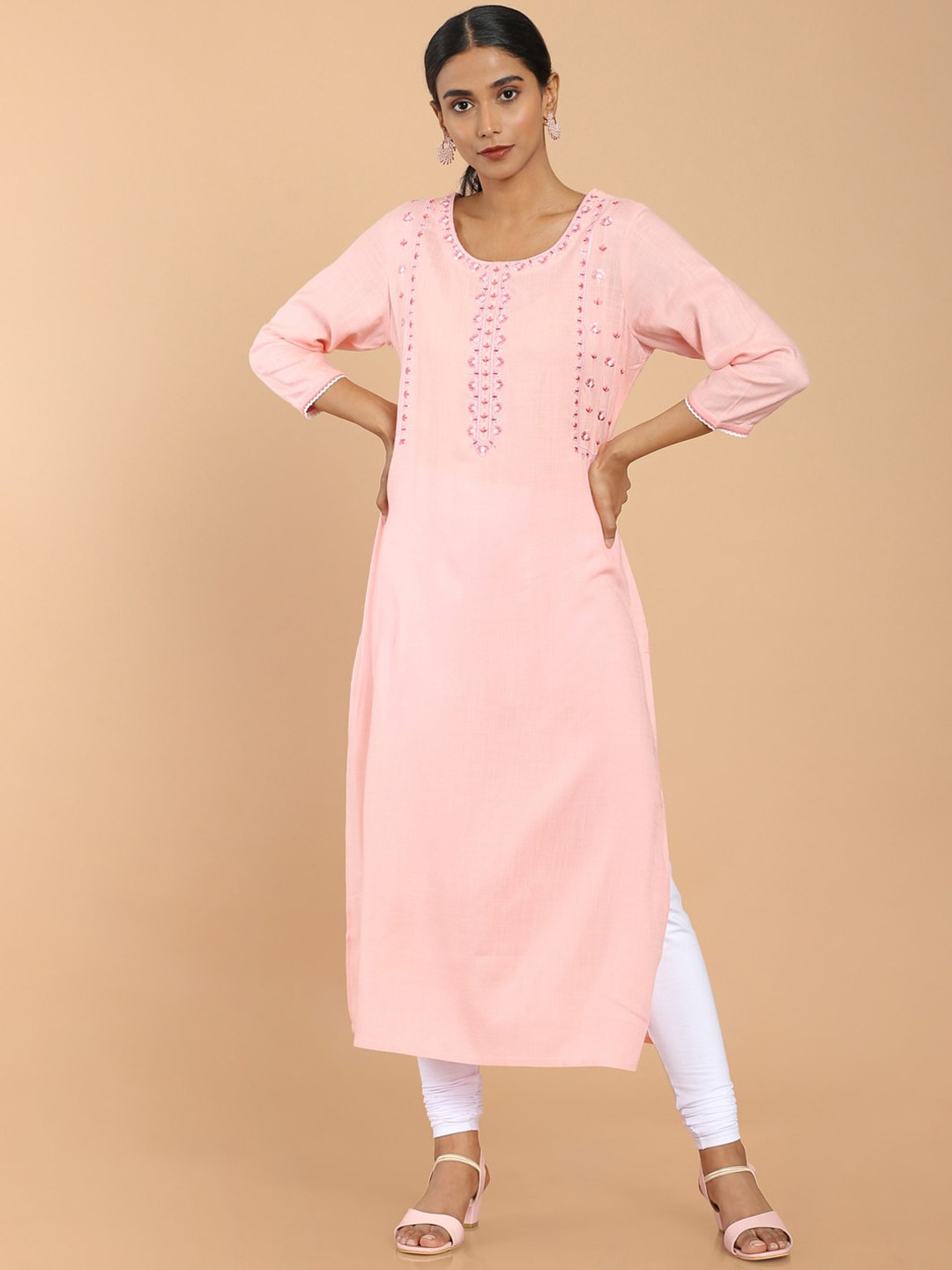 

Soch Women Pink Geometric Embroidered Mirror Work Rayon Kurta