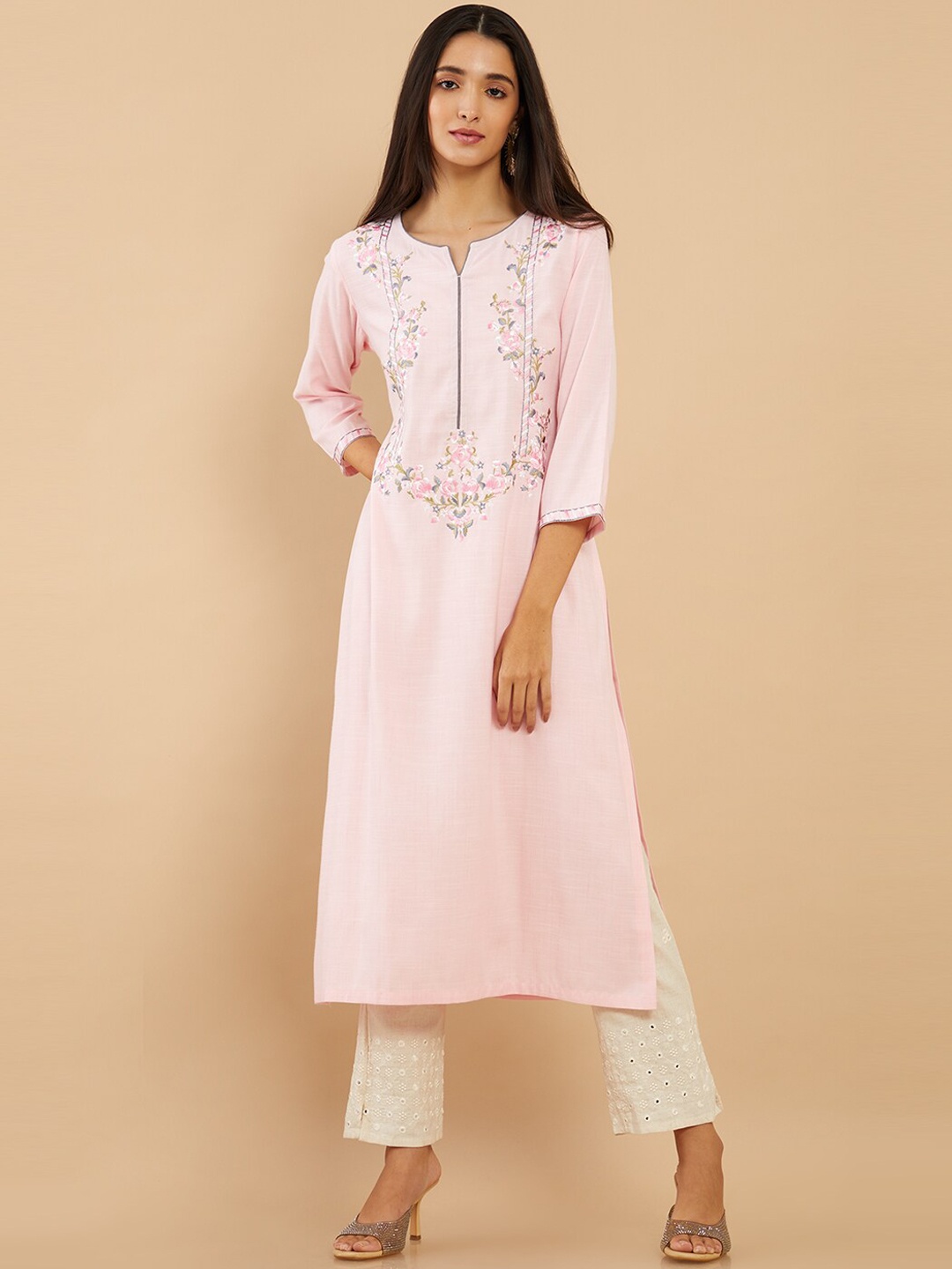

Soch Women Pink Embroidered Thread Work Straight Fit Kurta