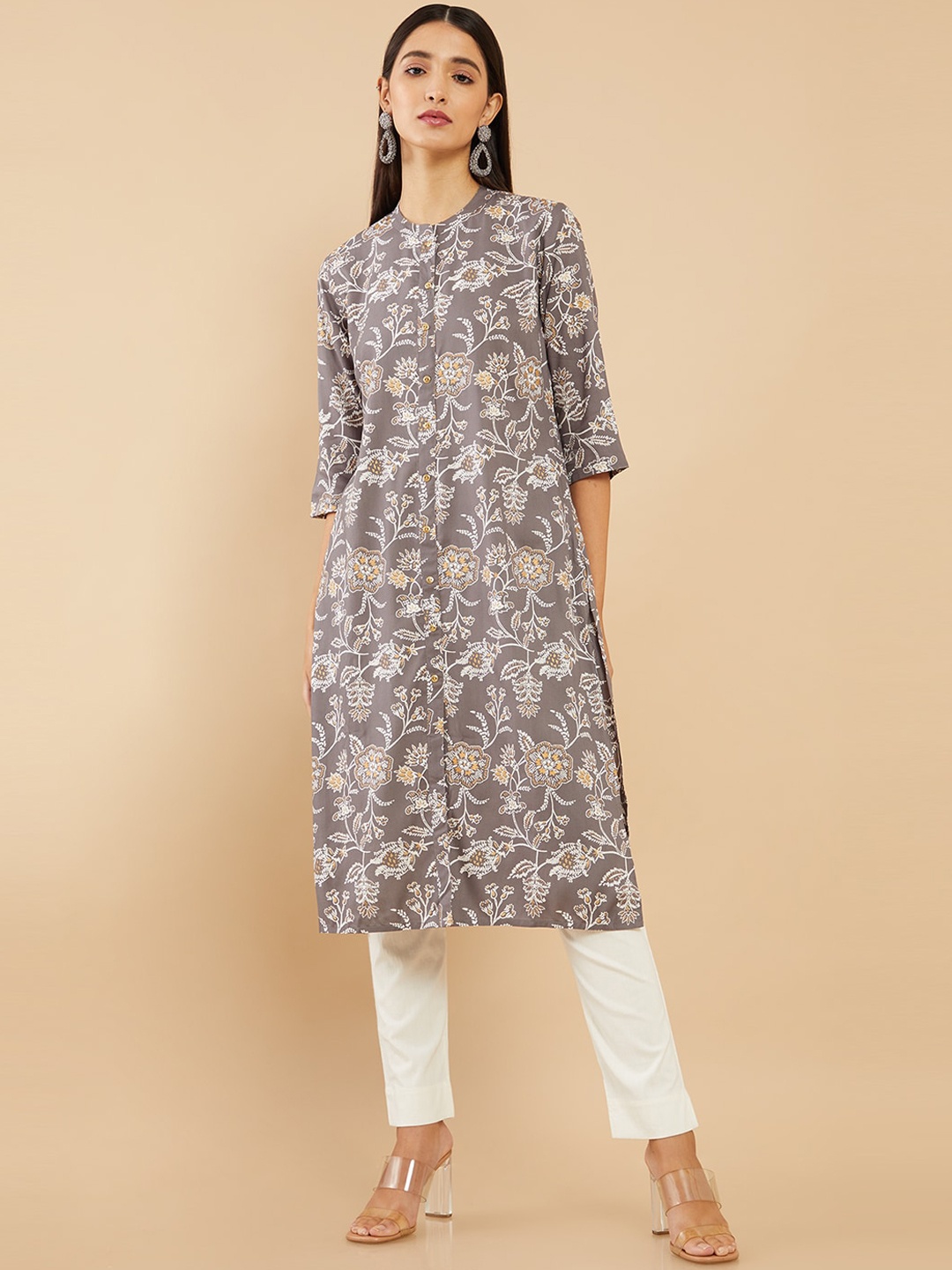 

Soch Women Grey Floral Printed Rayon Kurta