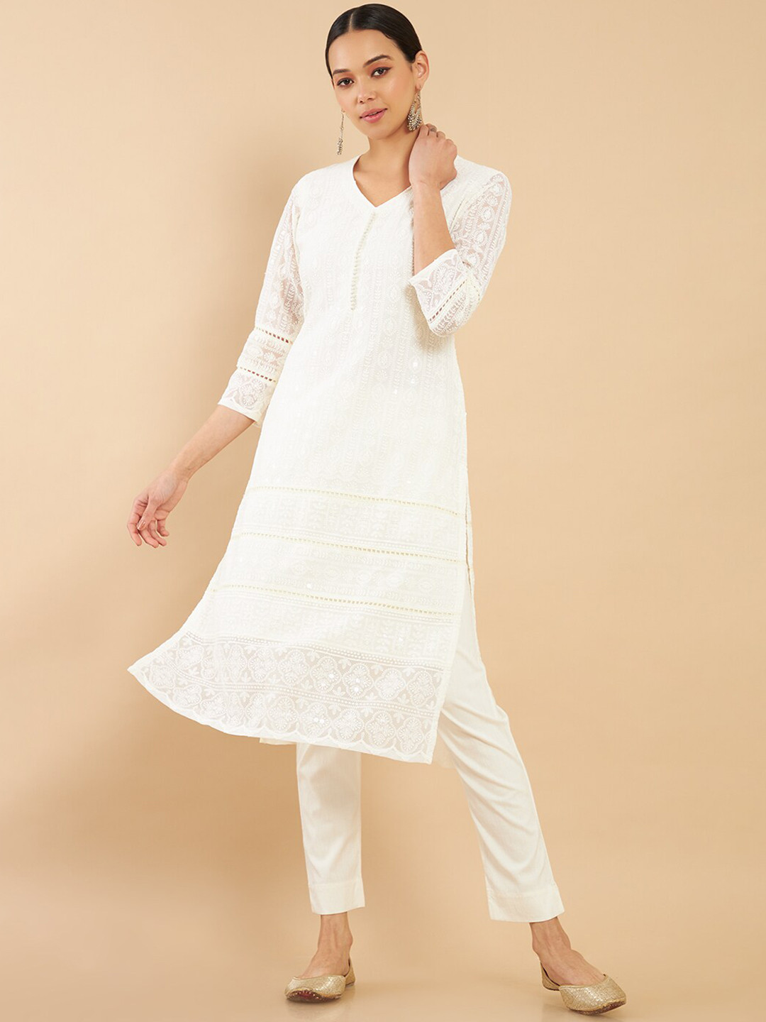 

Soch Women White Ethnic Motifs Embroidered Chikankari Georgette Kurta