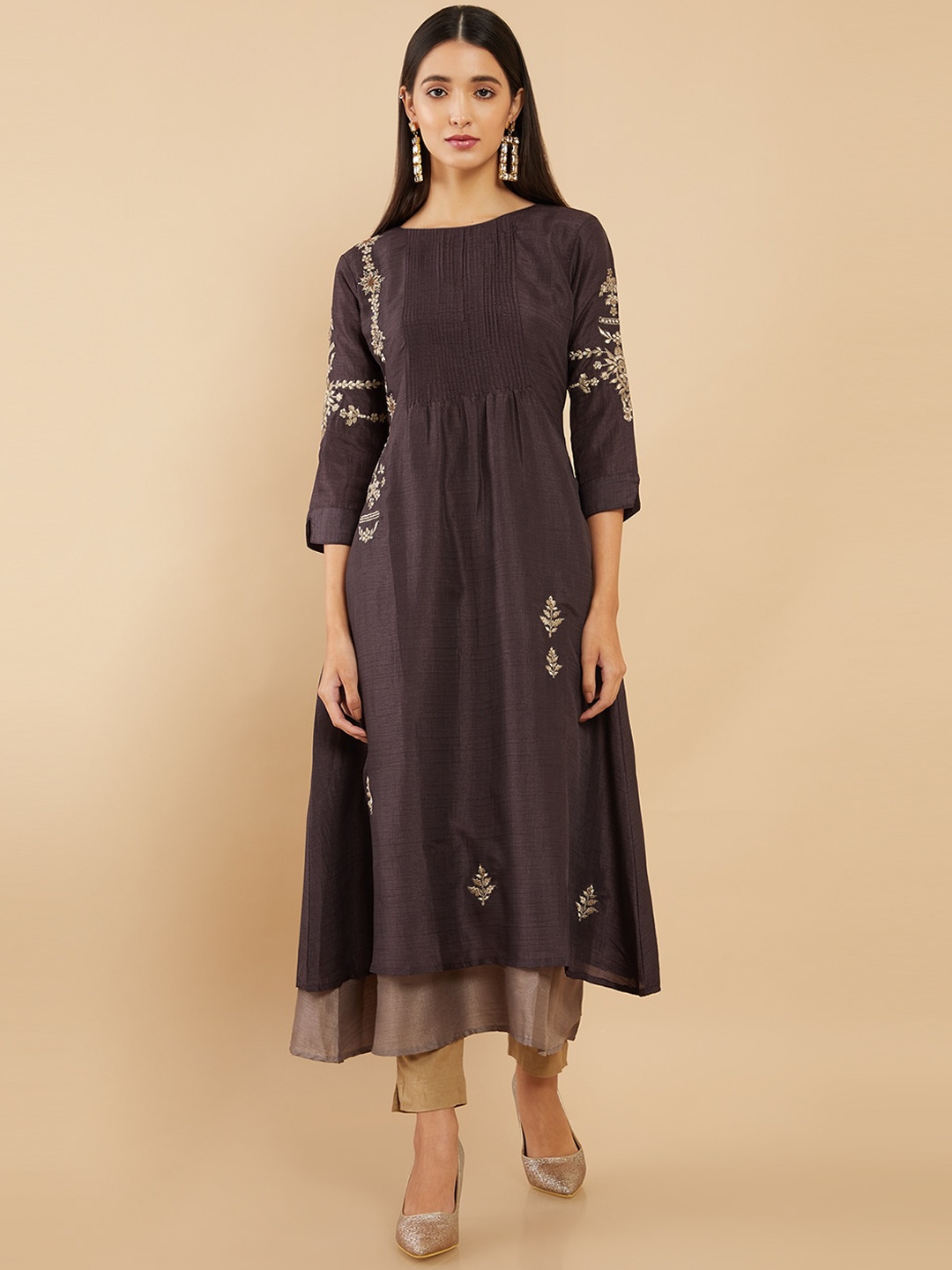 

Soch Women Brown Ethnic Motifs Embroidered Silk Anarkali Kurta