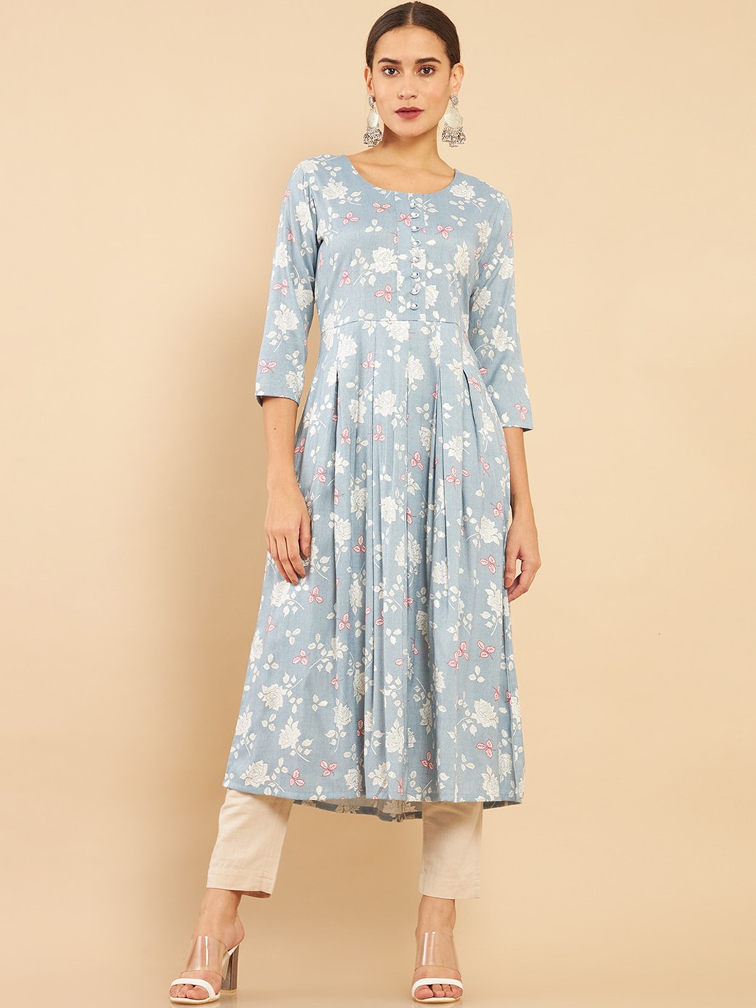 

Soch Women Grey Floral Printed Anarkali Rayon Kurta