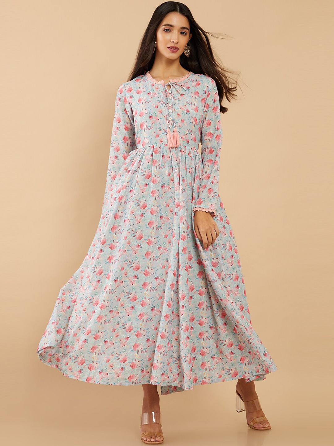 

Soch Women Grey & Pink Floral Printed Anarkali Muslin Kurta