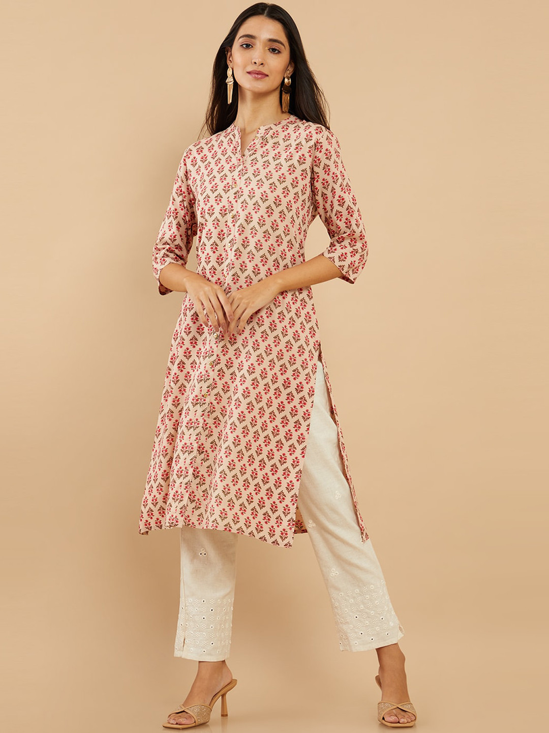 

Soch Women Beige Ethnic Motifs Printed Straight Fit Kurta