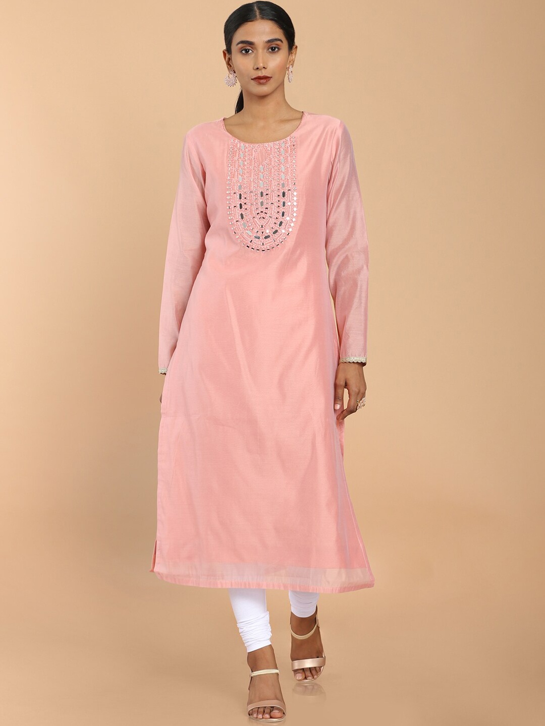 

Soch Women Peach Embroidered Mirror Work Chanderi Kurta