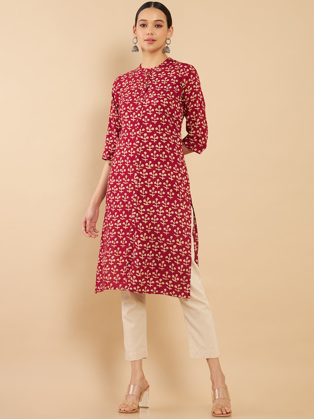 

Soch Women Maroon Bagru Print Rayon Kurta