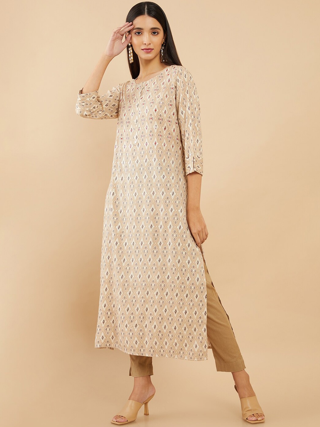 

Soch Women Beige Ikkat Printed Rayon Kurta