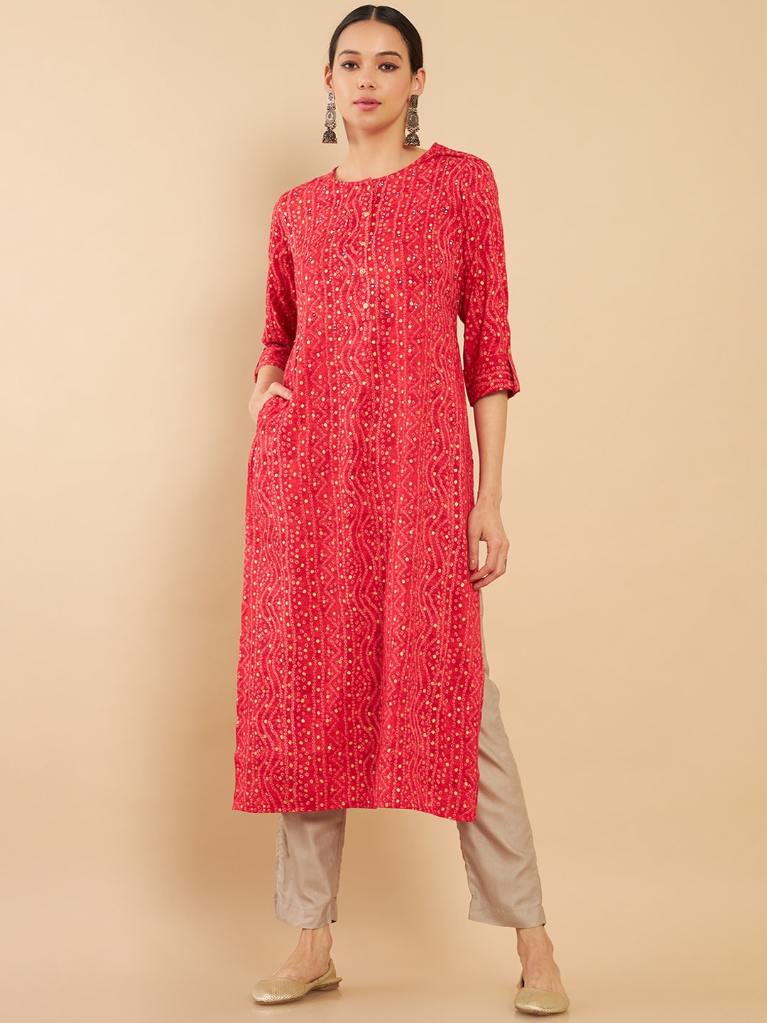 

Soch Women Red Bandhani Printed Straight Fit Kurta