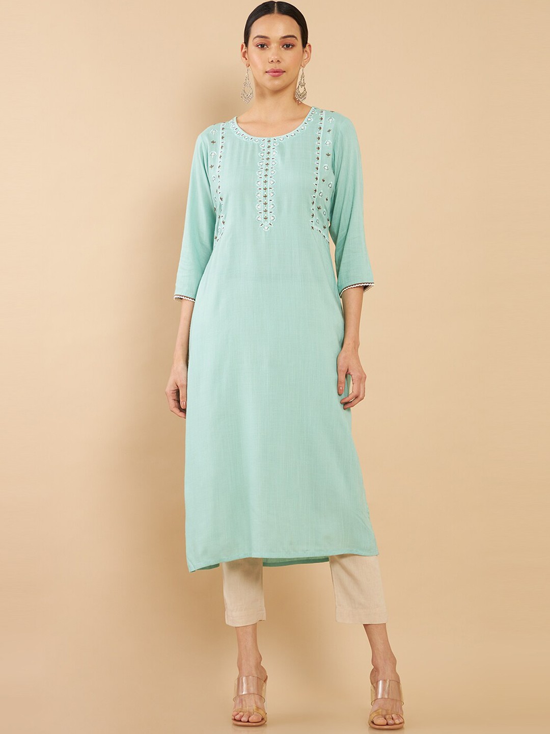 

Soch Women Green Ethnic Motifs Yoke Design Embroidered Straight Fit Kurta