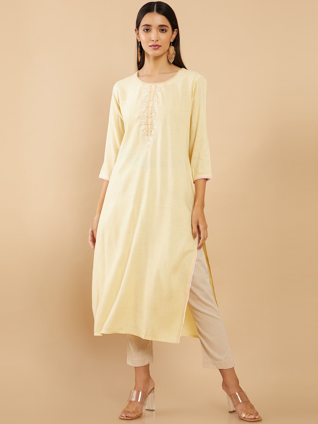 

Soch Women Yellow Ethnic Motifs Embroidered Rayon Kurta