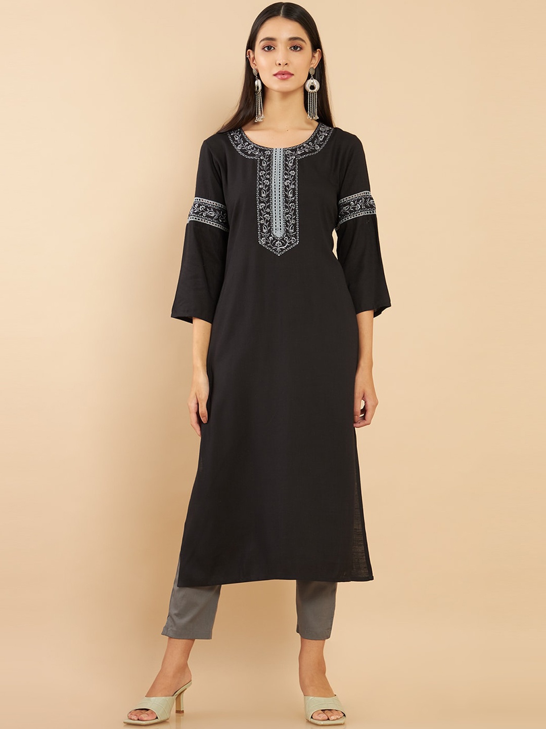 

Soch Women Black Ethnic Motifs Embroidered Yoke Design Straight Fit Kurta