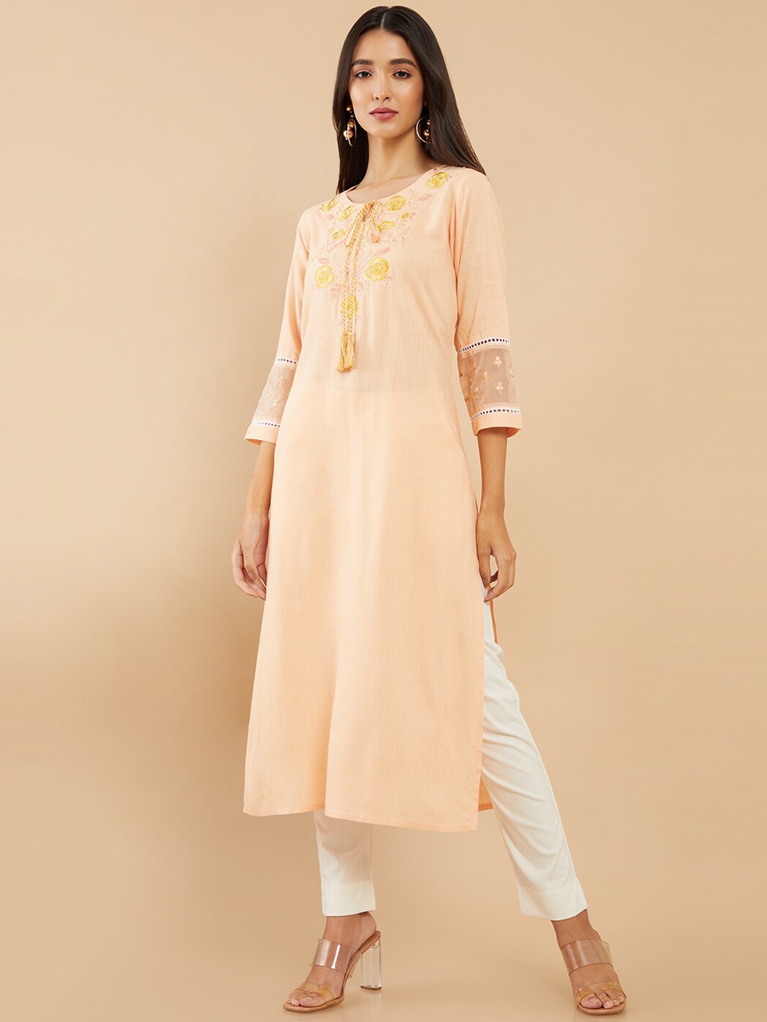 

Soch Women Peach-Coloured & Yellow Floral Embroidered Straight Fit Kurta