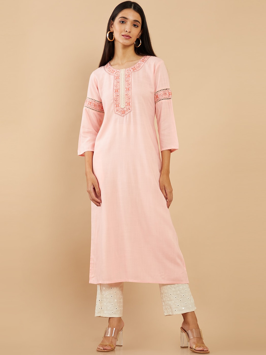 

Soch Women Pink Floral Embroidered Rayon Kurta