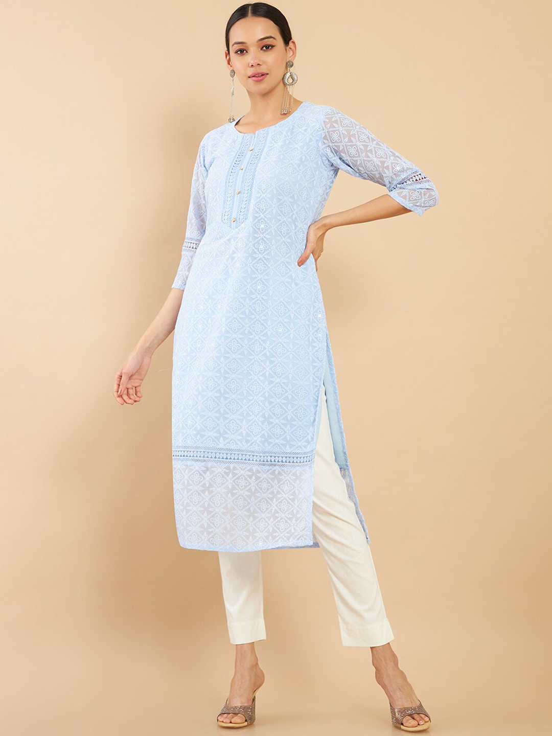 

Soch Women Blue Flared Sleeves Thread Work Georgette Straight Fit Kurta
