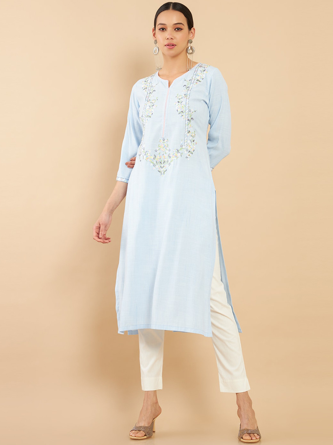 

Soch Women Blue Floral Embroidered Rayon Kurta
