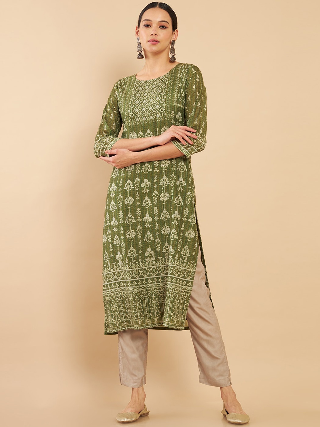 

Soch Women Green & Off-White Ethnic Motifs Printed Straight Muslin Kurta