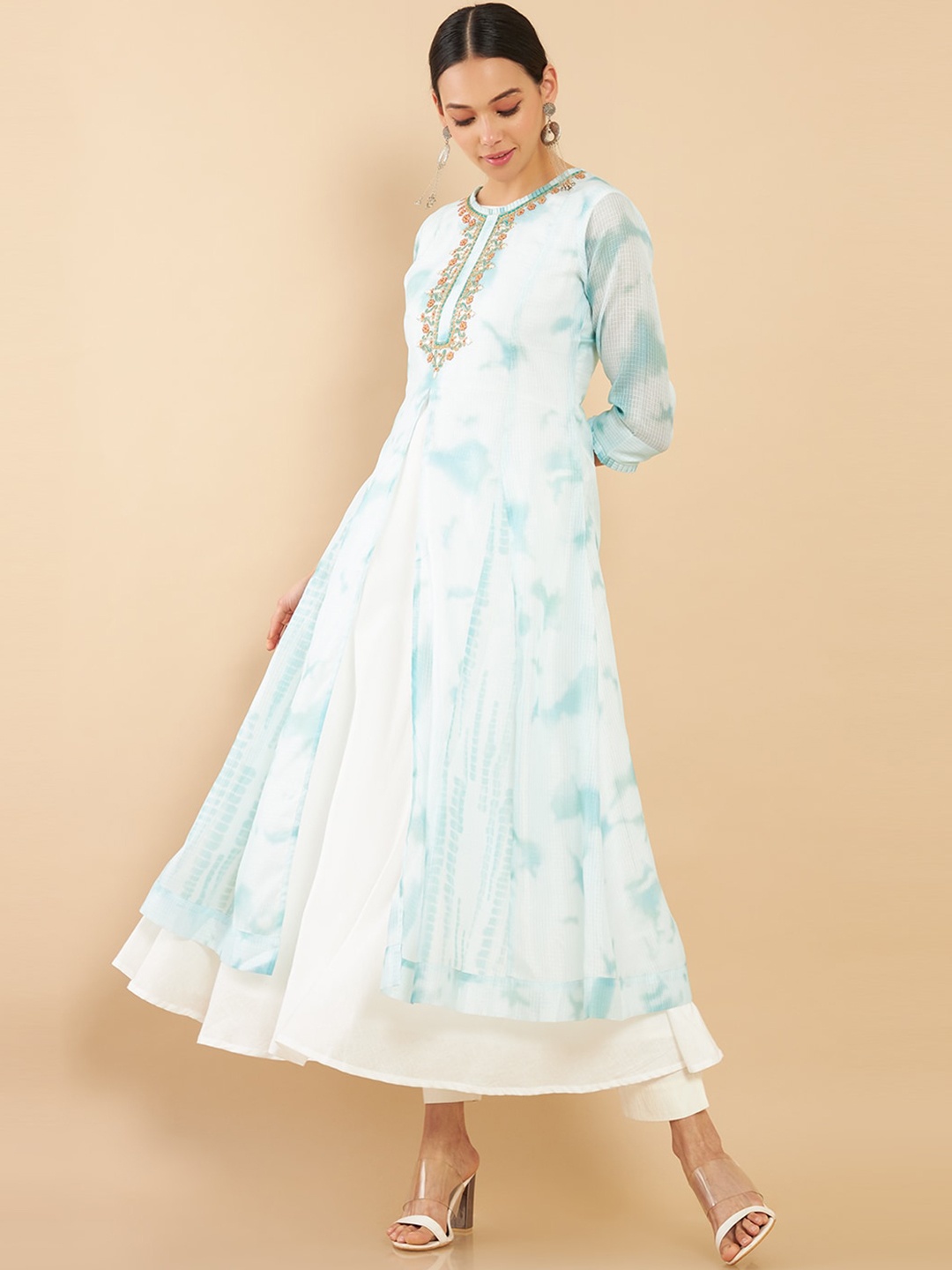

Soch Women Green & White Dyed Anarkali Kota Cotton Flared Fit Kurta