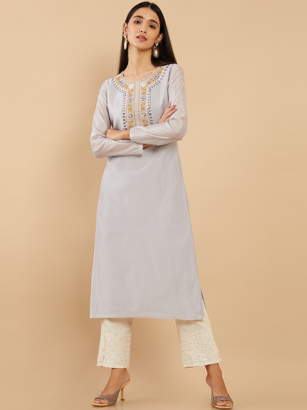 

Soch Women Grey Solid Yoke Design Chanderi Embroidered Straight Fit Kurta