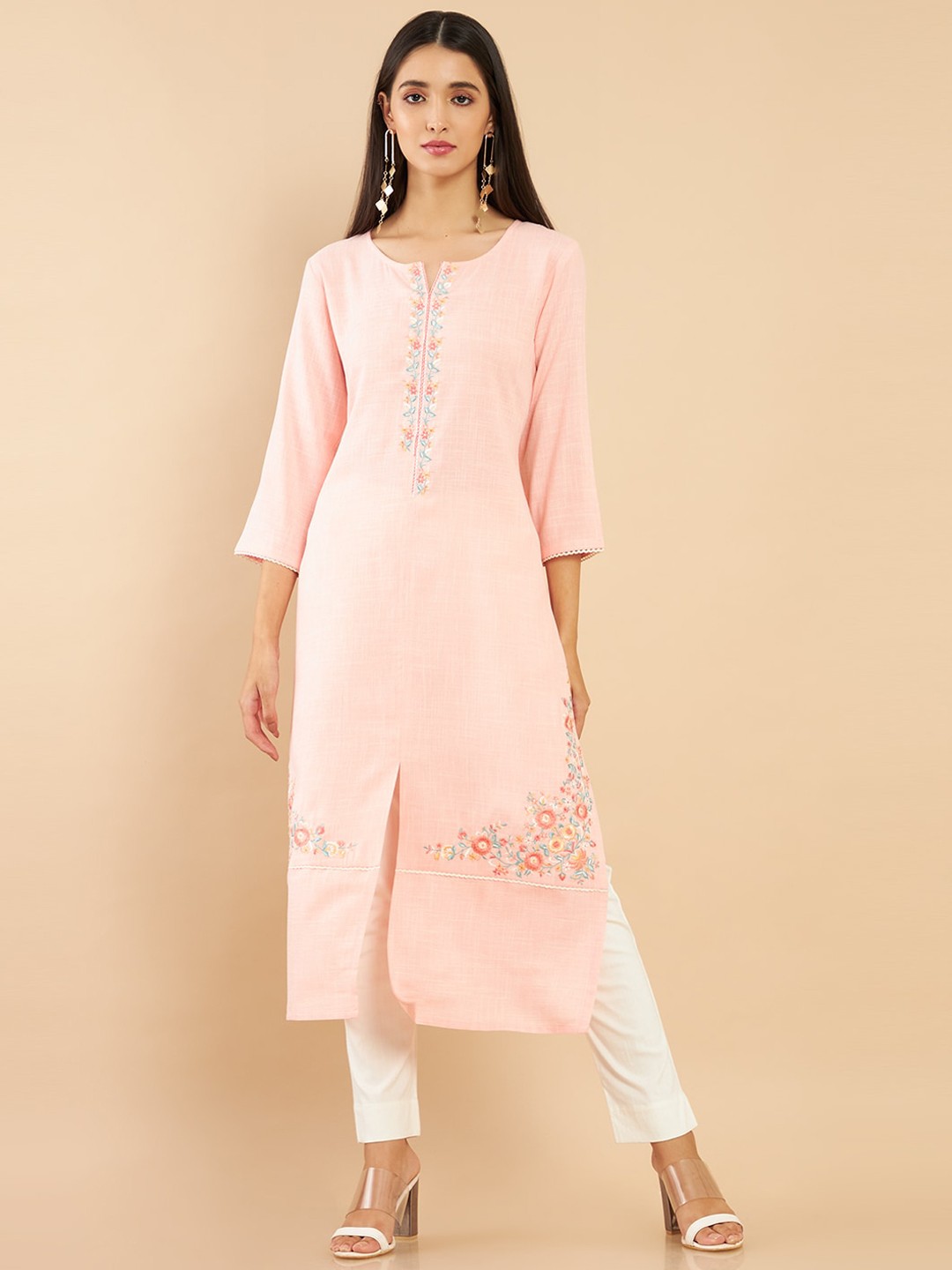 

Soch Women Peach Floral Embroidered Straight Fit Kurta