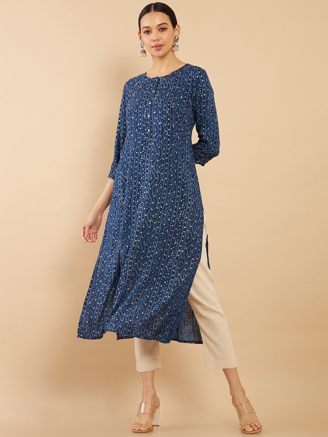 

Soch Women Blue Geometric Printed Flared Sleeves Thread Work Rayon Kurta