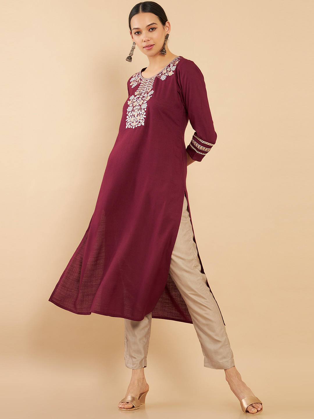 

Soch Women Maroon & Peach Embroidered Yoke Design Rayon Kurta