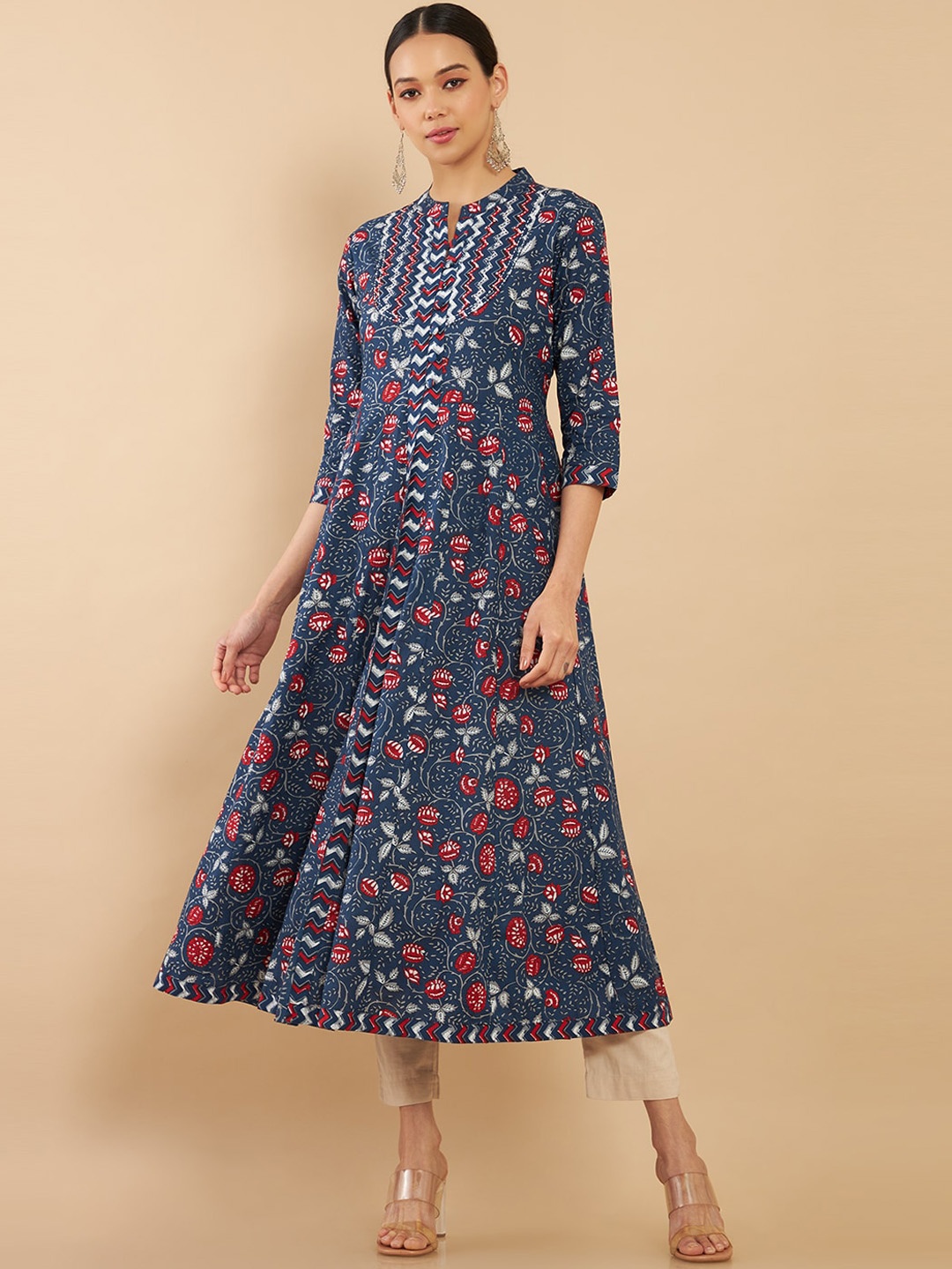 

Soch Women Blue & Red Floral Printed Cotton Flared Fit Anarkali Kurta