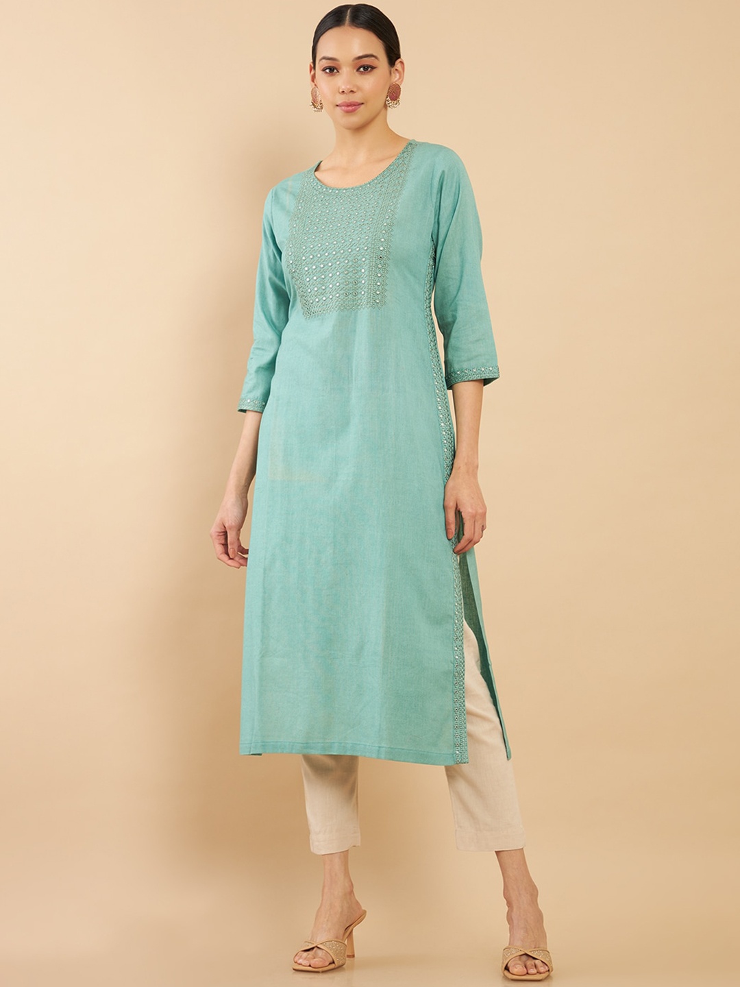 

Soch Women Blue Embroidered Flared Sleeves Cotton Kurta