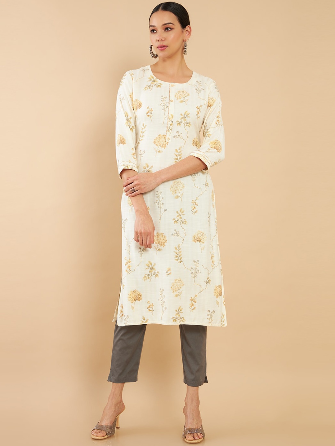 

Soch Women Beige Floral Printed Straight Kurta