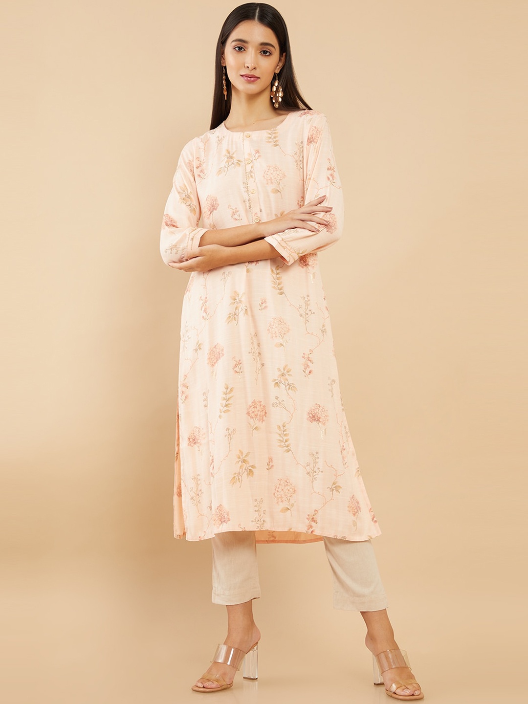 

Soch Women Pink Floral Printed Straight Fit Kurta