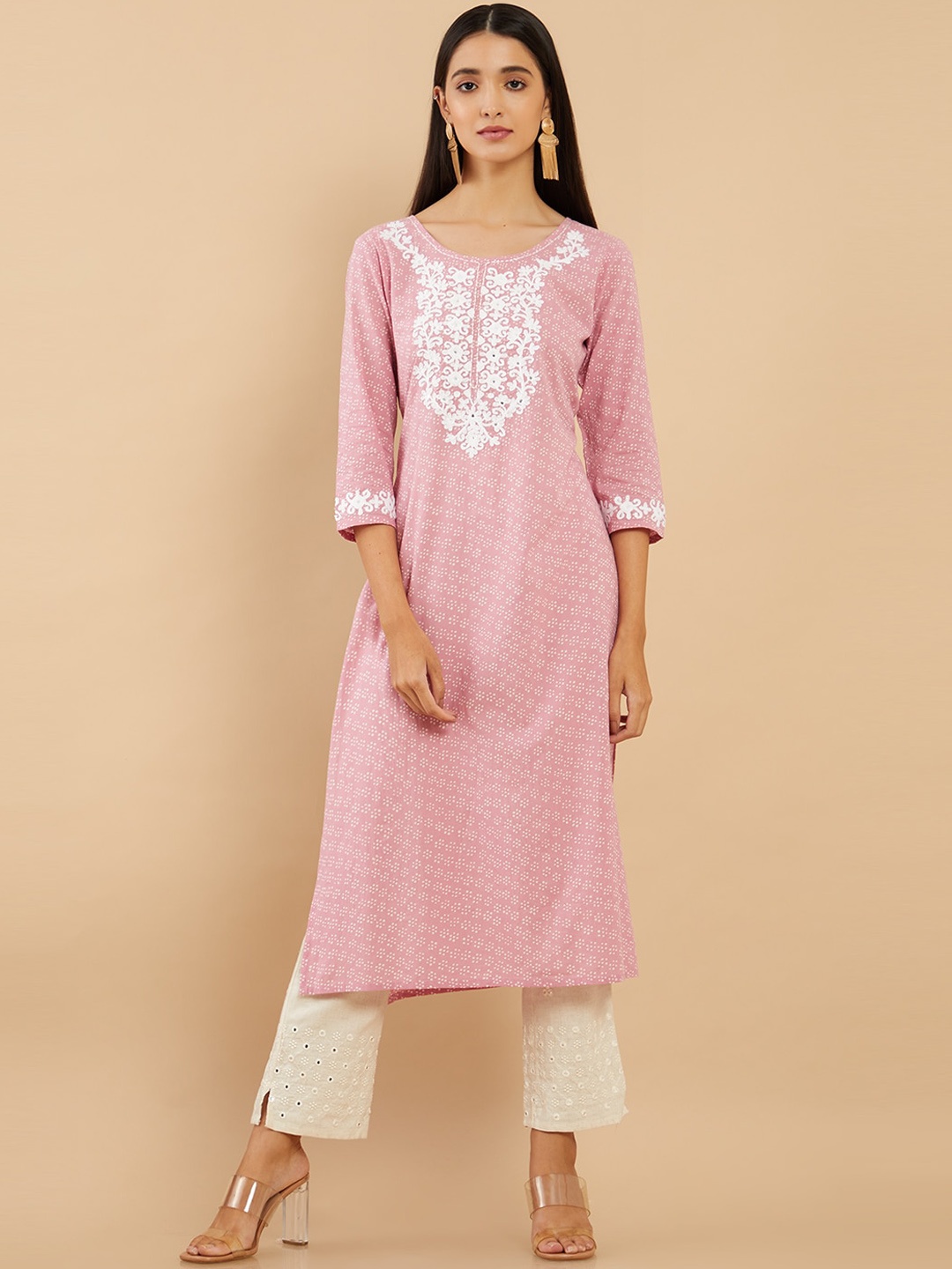

Soch Women Pink Checked Keyhole Neck Flared Sleeves Embroidered Straight Fit Cotton Kurta