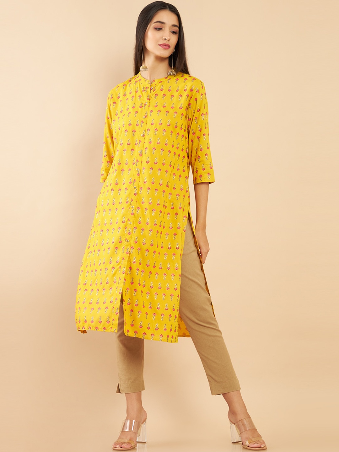 

Soch Women Yellow Printed Ethnic Motifs Rayon Kurta