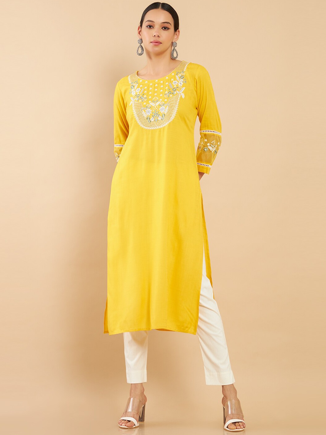 

Soch Women Mustard Yellow Yoke Design Embroidered Rayon Kurta