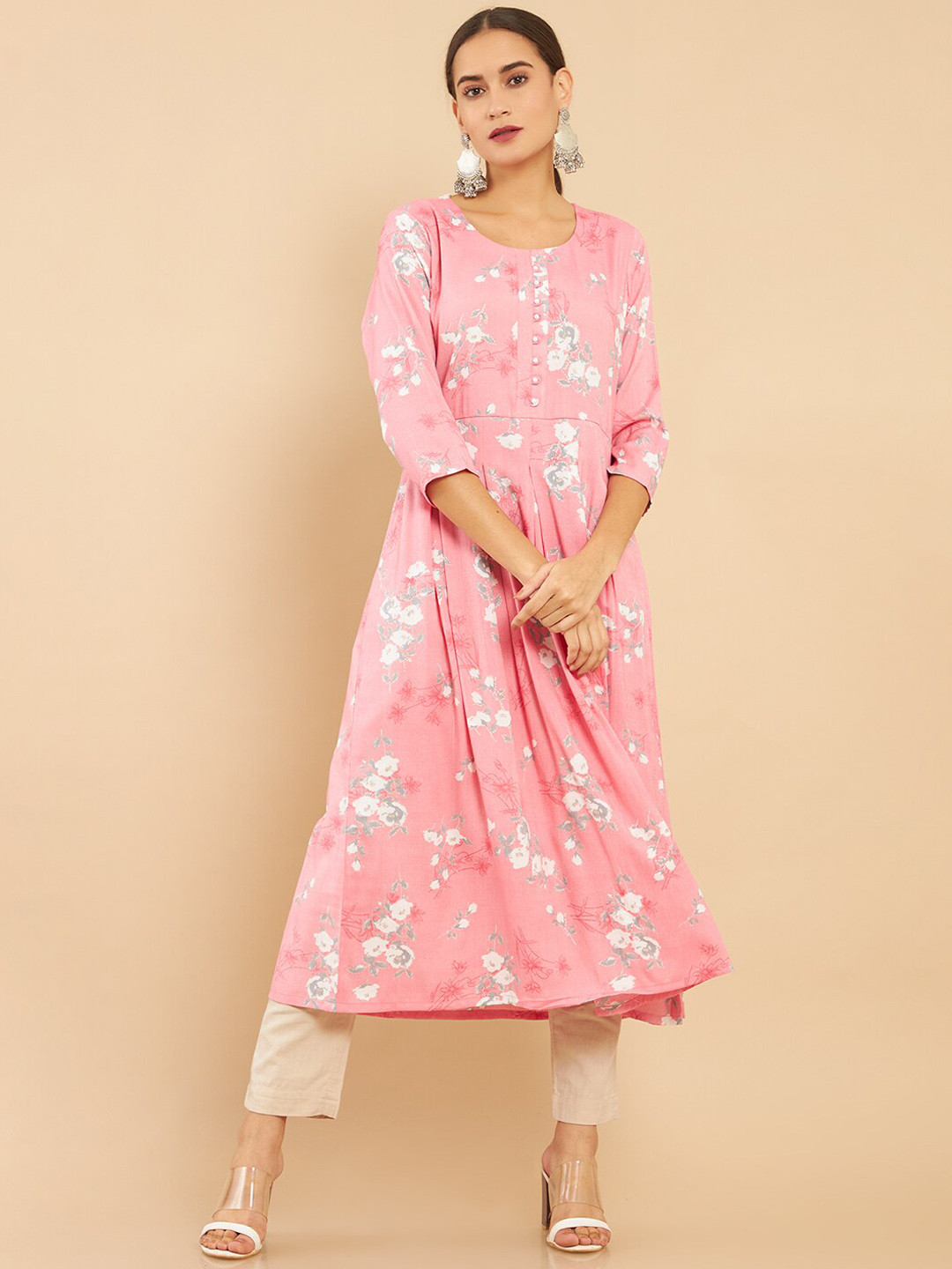 

Soch Women Pink Screen Printed Anarkali Flared Fit Kurta