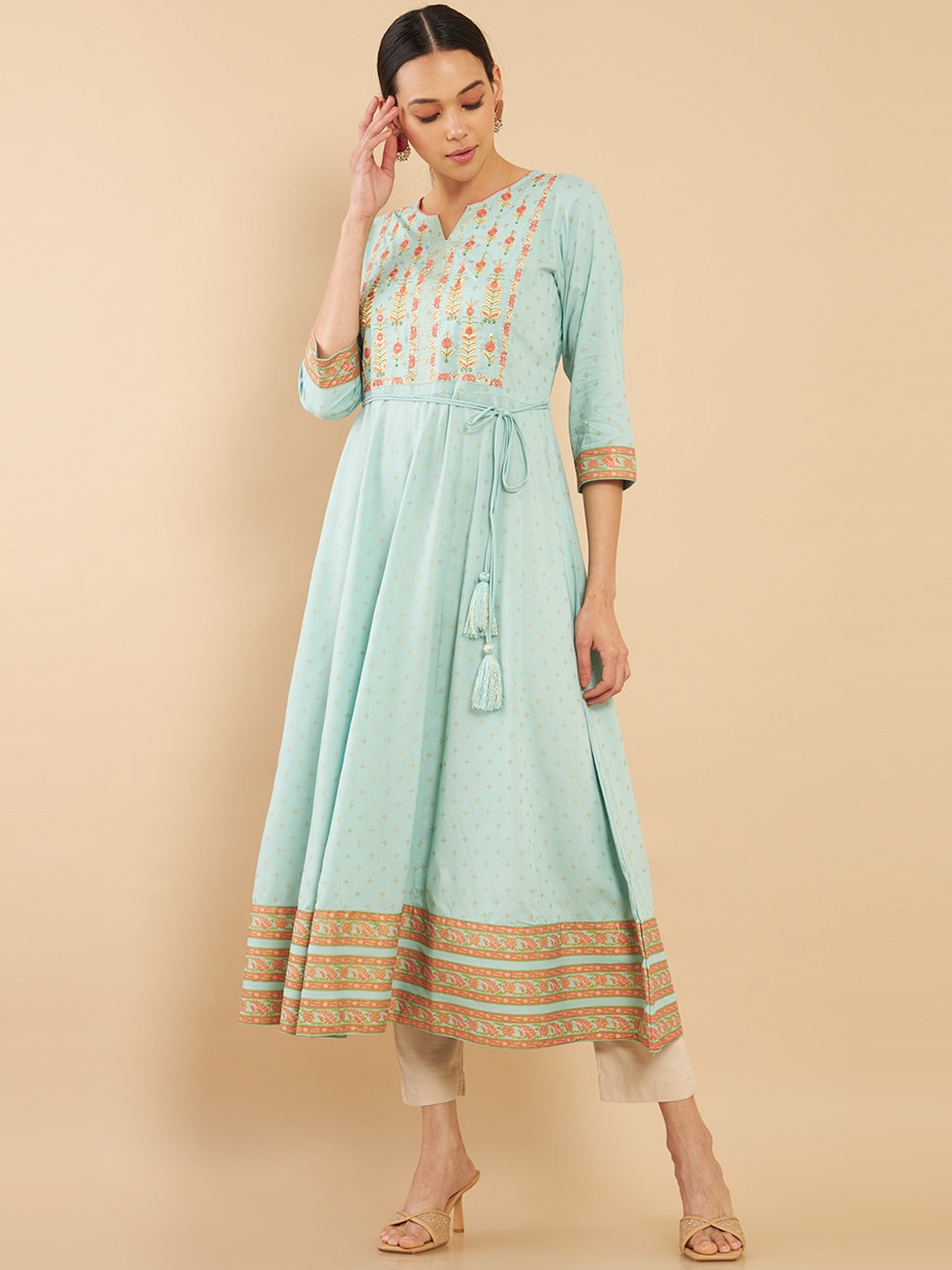 

Soch Women Sea Green & Orange Ethnic Motifs Yoke Design Anarkali Kurta