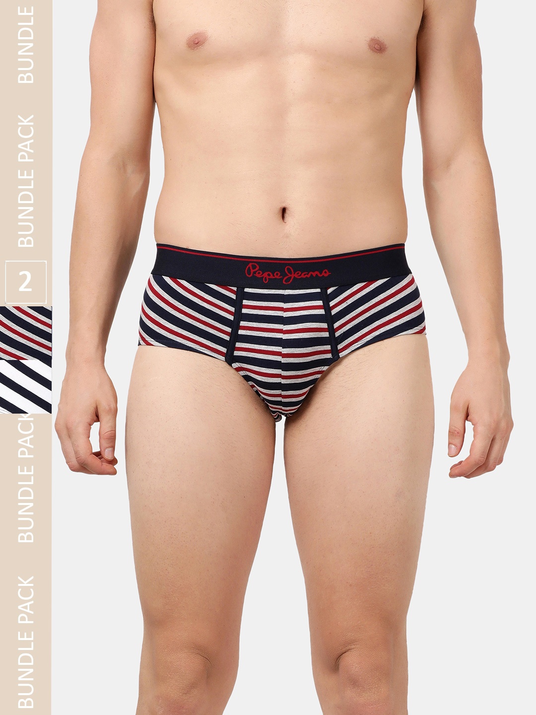 

Pepe Jeans Men Pack Of 2 Striped Low-Rise Basic Briefs, Black