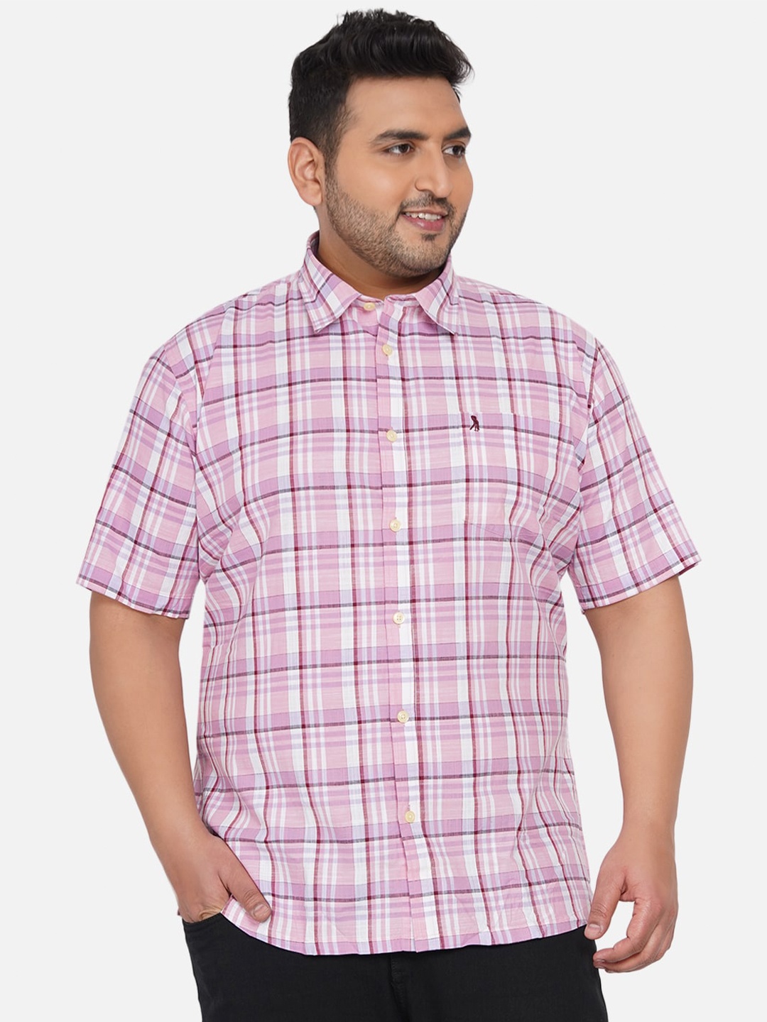 

Santonio Men Plus Size Pink Comfort Tartan Checked Casual Cotton Shirt
